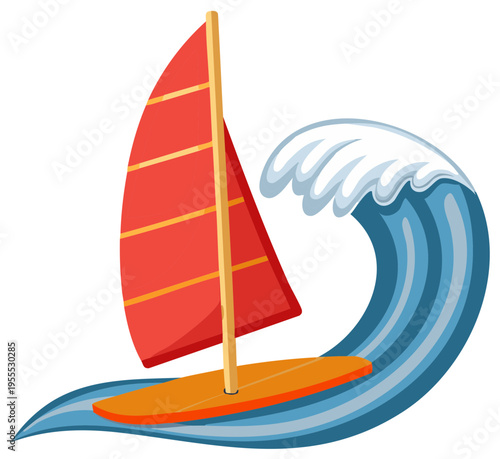 Cartoon windsurfer on ocean wave. Sailing board with red sail. Water sports and vacation concept.