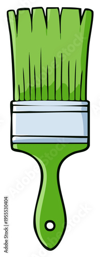 Green paint brush illustration with handle and silver ferrule, painter tool for art and painting