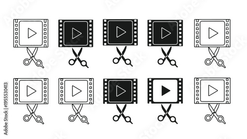 A set of black and white film strip icons with play buttons and scissors on a white background.