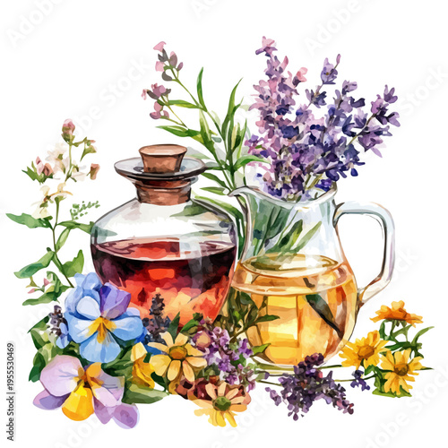 Herbal Infusions, watercolor illustration featuring soft shadows and luminous, isolated on a white background.