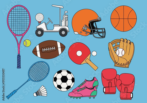 Sports Equipment Vector Illustration Set with Soccer, Basketball, Football, Tennis, Baseball, and Boxing Icons on Blue Background
