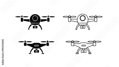 Four drone icons in black and white line art style with varying line weights on a clean white background.