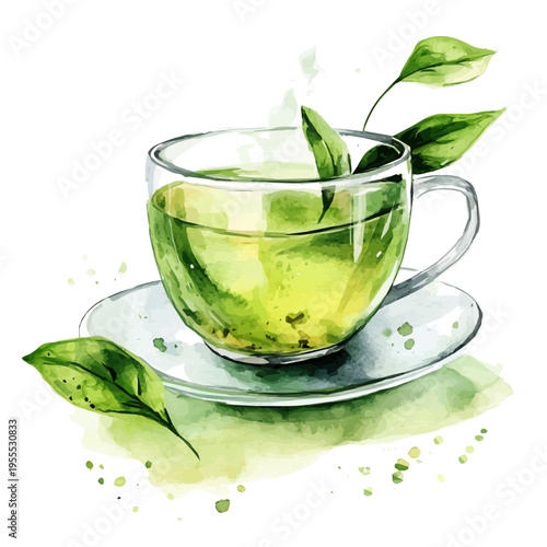 Green Tea, watercolor illustration featuring soft shadows and luminous, isolated on a white background.