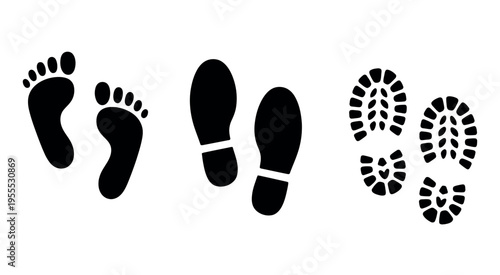 Shoe and barefoot print vector icon set featuring footprints and shoe impressions, representing walking, hiking, fitness, education, and instructional design, clean minimal style