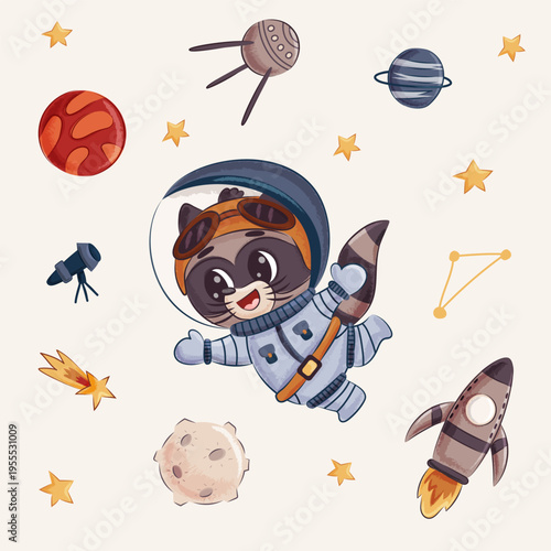 Принти на полотні Cute Raccoon Astronaut Cartoon Space Vector Illustration
