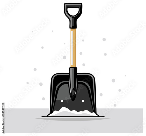 Cartoon illustration of a shovel digging in snow during a winter snowfall