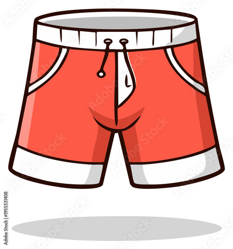 Cartoon Red Beach Shorts with White Trim and Drawstring Waistband