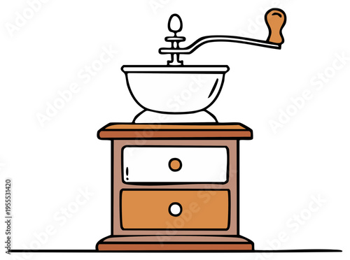 Illustrated vintage coffee grinder on wooden cabinet, retro kitchen object, illustration