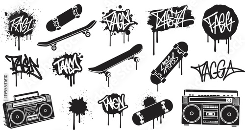 Graffiti Urban Street Elements Set with Skateboards Boombox Tags and Spray Paint Drips for Hip Hop Culture Design Grunge Background and Creative Artwork