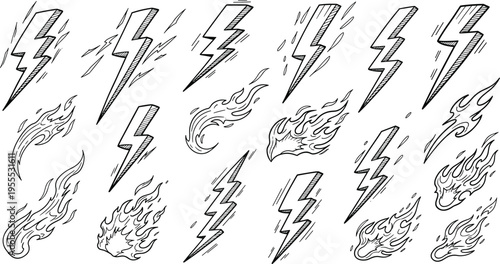 Lightning Bolt and Fire Flame Doodle Set with Hand Drawn Electric Symbols Energy Effects and Dynamic Power Elements for Creative Design Illustration
