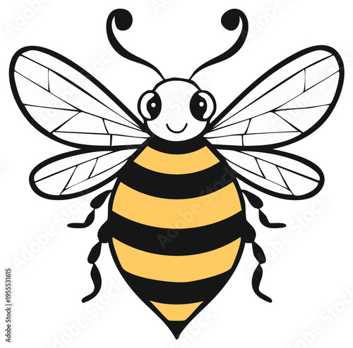 Smiling Bumblebee Illustration with Yellow and Black Stripes, Cartoon Insect with Wings, Simple Design
