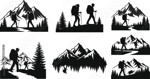 Mountain Hiking Silhouette Set with Backpackers, Forest Landscapes, and Adventure Scenes for Outdoor Travel Illustration, Nature Design, and Exploration Concepts