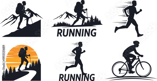 Running and Outdoor Fitness Silhouette Set with Athlete, Hiking, Cycling, and Trail Running Scenes for Sports Illustration, Active Lifestyle Design, and Adventure Concepts