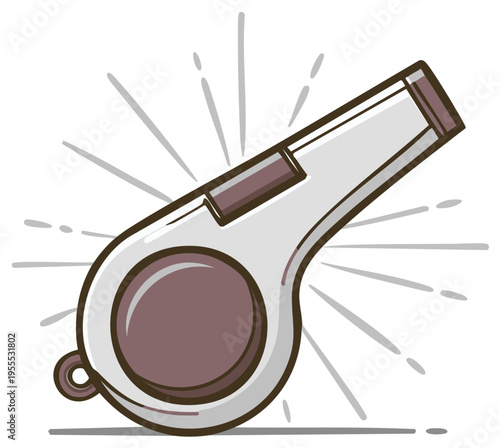 Illustration of a cartoon whistle with grey and brown tones and radiating lines for sports or sound.