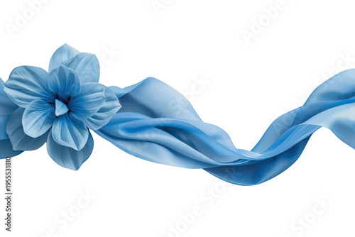 Blue flower and flowing silk ribbon creating elegant wave design element on transparent background