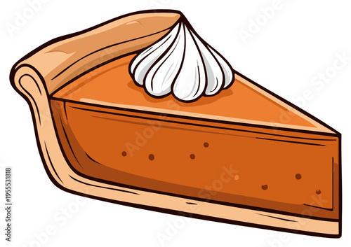 Cartoon style delicious pumpkin pie slice with whipped cream on top dessert