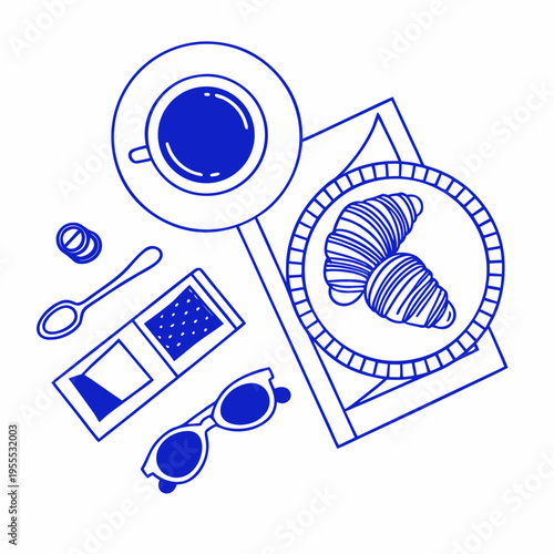 A minimalistic blue line art arrangement of breakfast and accessories