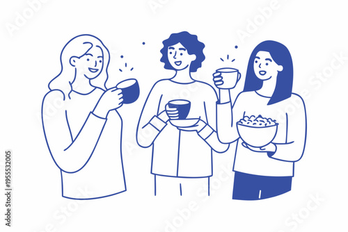 Three women socializing with drinks and snacks in a simple illustration