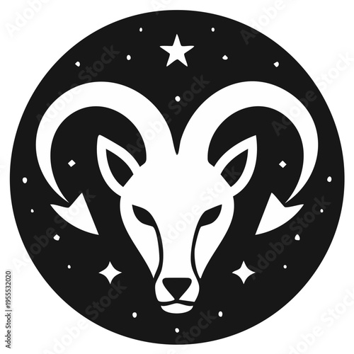 Astrological Aries Symbol with Ram Head Silhouette and Starry Background in a Circle Design