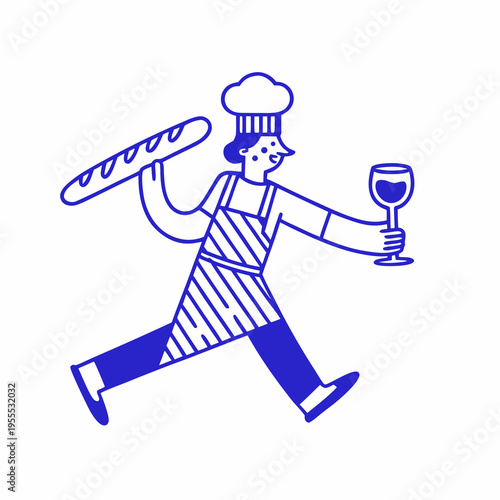 A cheerful chef runs with a baguette and a glass of wine