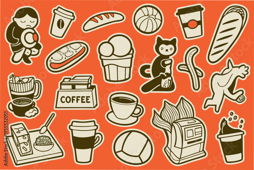 Colorful sticker collection featuring food drinks animals and everyday objects