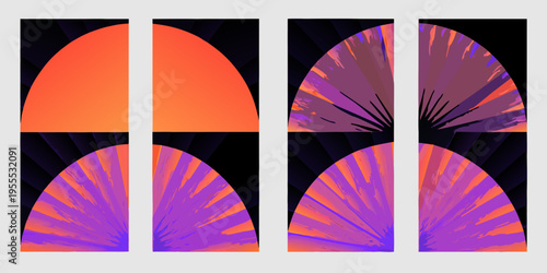 Abstract geometric composition featuring vibrant orange and purple gradients