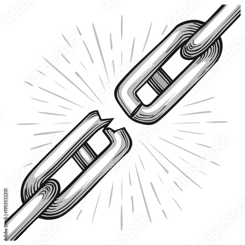 Symbolic visual representing a broken metallic chain, featuring a single disrupted link, with a radiant burst effect emphasizing fragility and vulnerability.