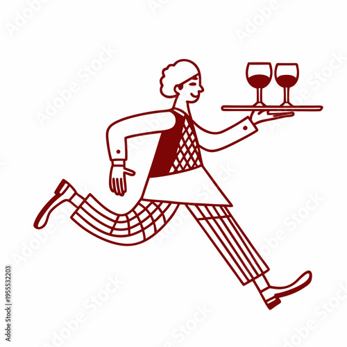 A waiter swiftly carries two glasses of wine on a serving tray