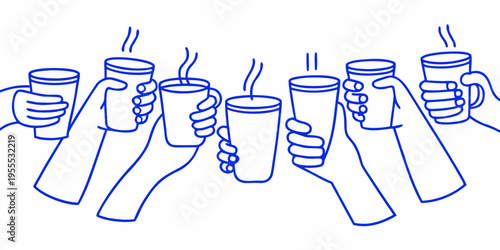 A celebratory toast with multiple hands raising steaming beverages together