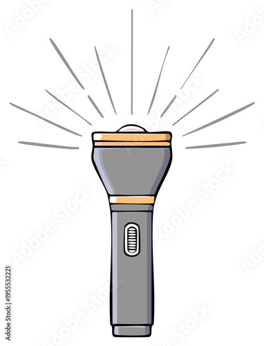 Cartoon Illustration of a Shiny Gray Flashlight Beaming Light Rays