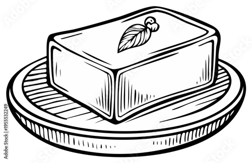 Hand drawn illustration of a butter block with a leaf garnish on a striped dish a minimalist food graphic