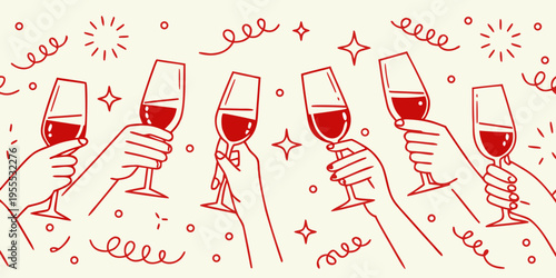 A celebratory pattern of hands toasting with champagne glasses