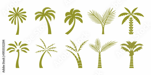 Collection of various green palm tree silhouettes on a white background