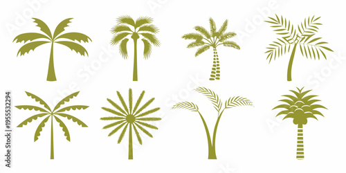 A collection of stylized green palm tree silhouettes on a white background