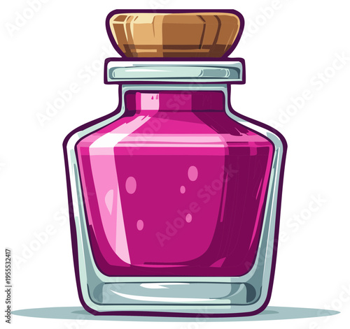 Vintage glass potion bottle filled with pink liquid and a cork stopper