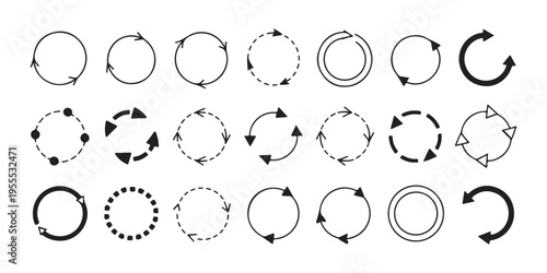 Minimalist black line rotation symbols and thin circular arrow icons for creative graphic design and branding