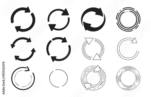 Bold black refresh icons and intricate circular line patterns for business workflow and data synchronization
