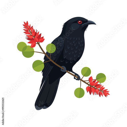Asian Koel bird on Erabadu Branch (Koha Bird) vector illustration for Sinhala and Tamil New Year isolated on Transparent background