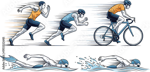 Triathlon Sports Set with Running Cycling and Swimming Athletes Dynamic Motion Illustration for Fitness Training Competition and Endurance Sports Design