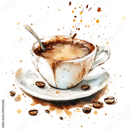 Flavored Coffee, watercolor painting with colorful accents, isolated on a white background.