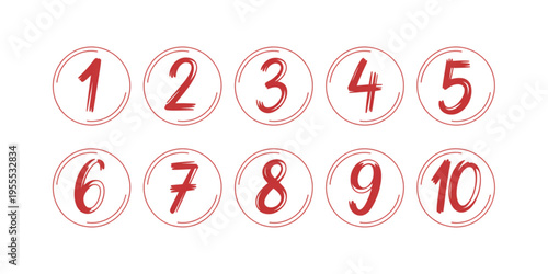 A collection of ten handwritten numbers from one to ten enclosed in elegant red circular frames Vector