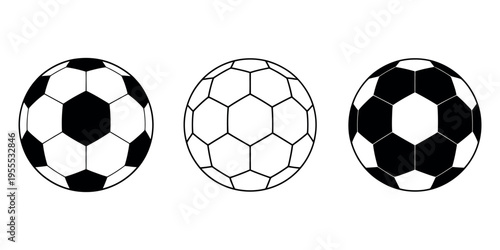 Soccer balls in varying styles on clean white background, vector illustration showcasing football designs, patterns, and sports equipment for graphic and digital use