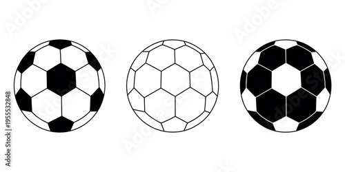 Soccer balls in varying styles on clean white background, vector illustration showcasing football designs, patterns, and sports equipment for graphic and digital use