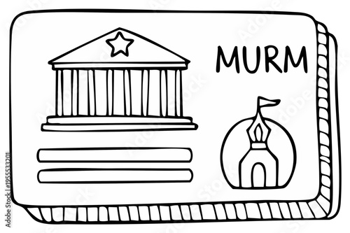 Illustration of a museum identification card with building outlines and text labels