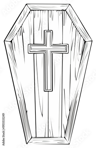 Wooden Coffin with Cross Symbol in Minimalist Line Art Illustration