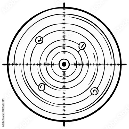 Hand drawn circular target graphic with plotted points and crosshairs illustrating tracking accuracy measurement