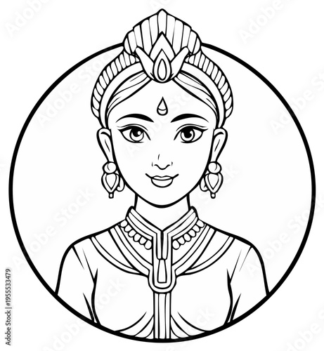 Intricate Line Art of a South Asian Woman with Traditional Jewelry and Headdress in a Circular Frame