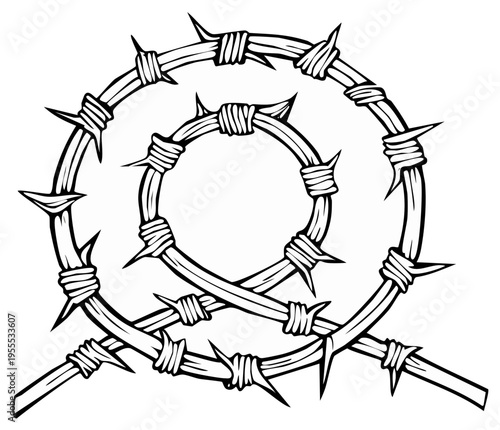 Intertwined barbed wire spiral with sharp points symbolizing danger and boundaries