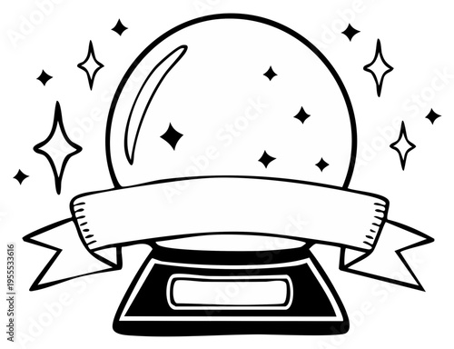 Doodle style crystal ball with banner and sparkles