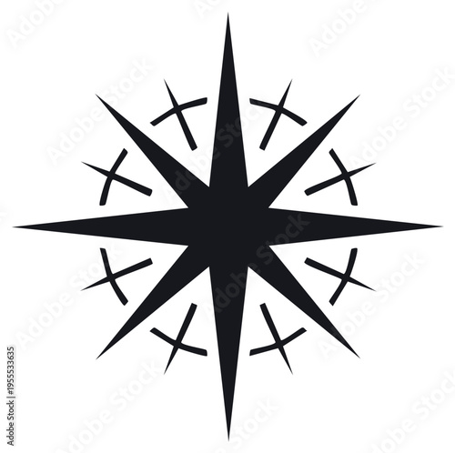 Silhouette compass rose icon, navigational emblem, vector graphic design.